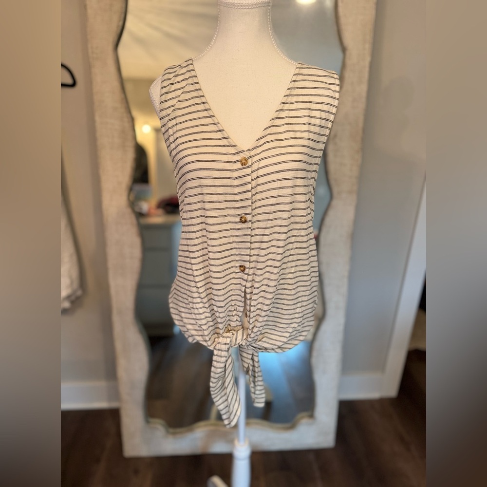 XL T.La Button-Down Striped Tie-Front Blouse by Anthropologie
